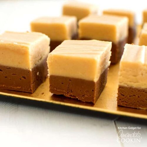 A close up of chocolate peanut butter fudge squares.