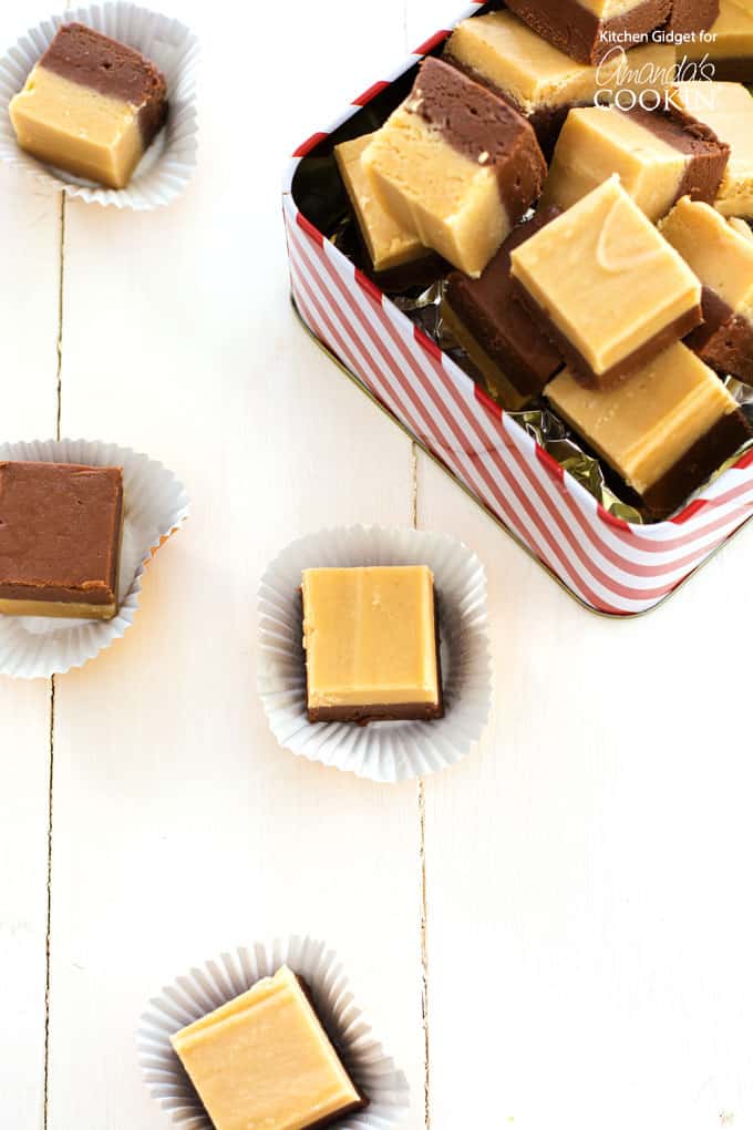 tin with chocolate peanut butter fudge