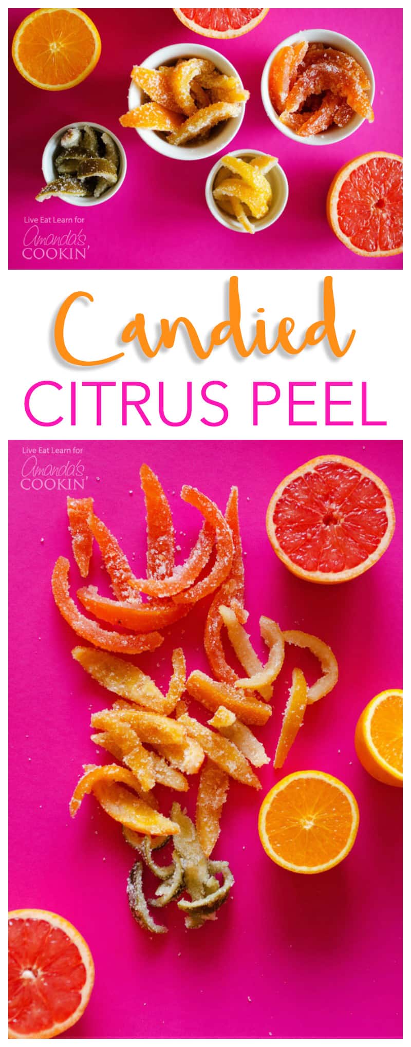 Photos of candied citrus peels.