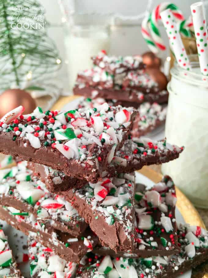 A close up photo of peppermint candy cane bark.