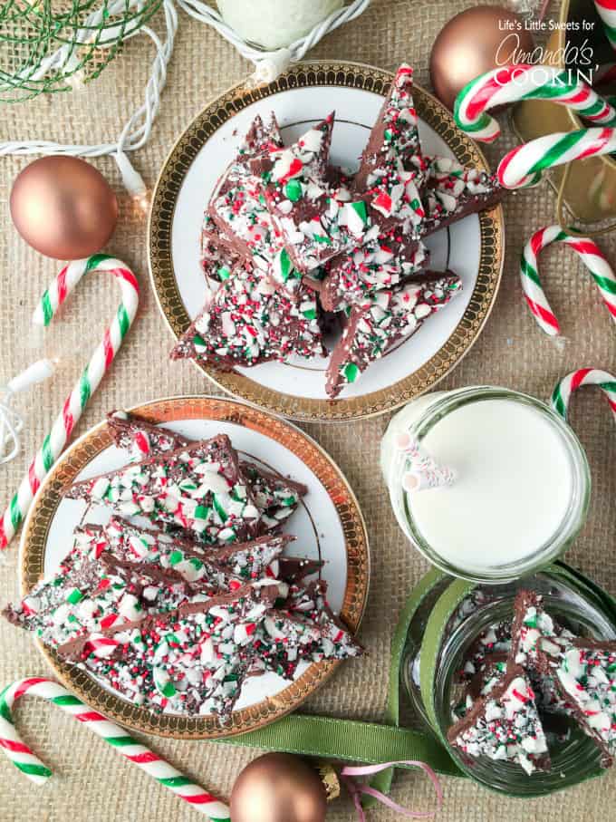 An overhead photo of two plates of peppermint candy cane bark.