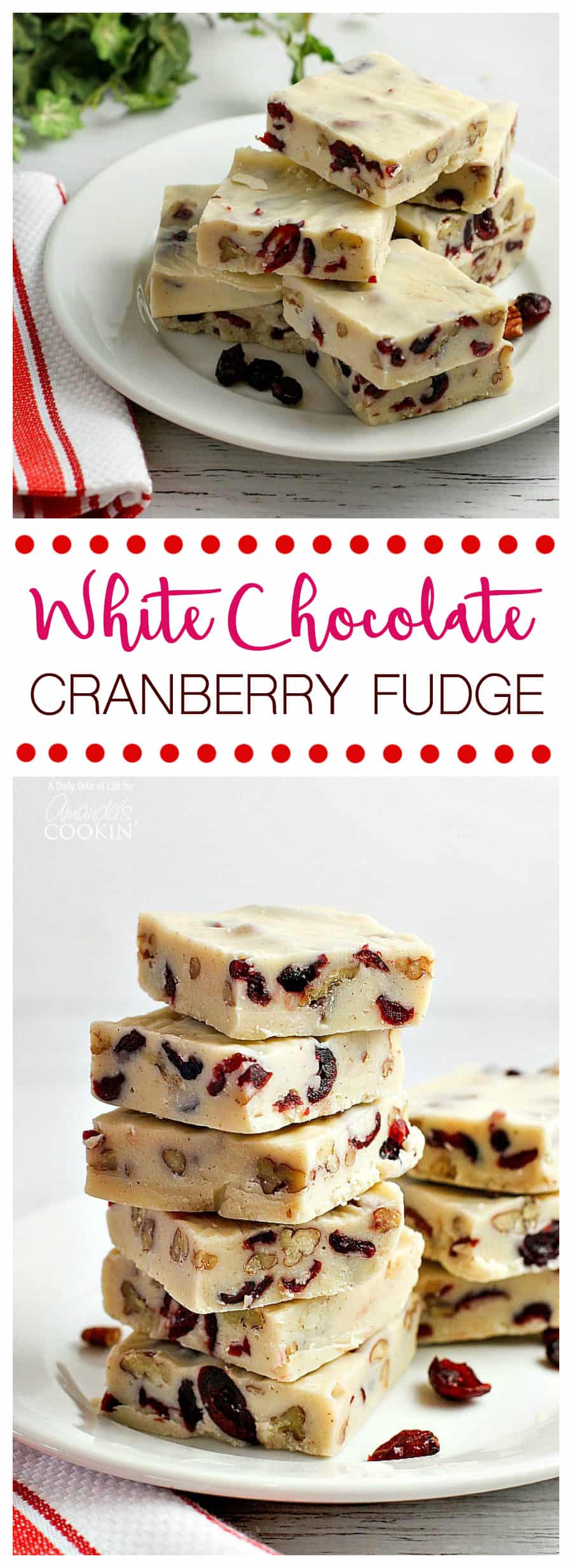 Photos of white chocolate cranberry fudge squares.