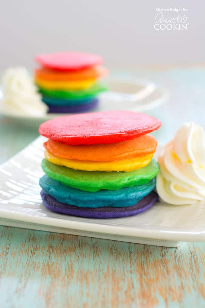 Stacked rainbow pancakes for St. Patrick's Day