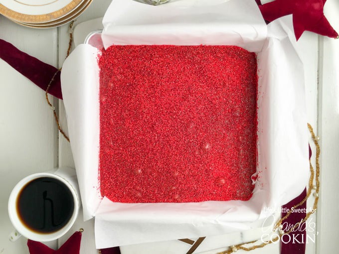 Red velvet fudge in a square pan