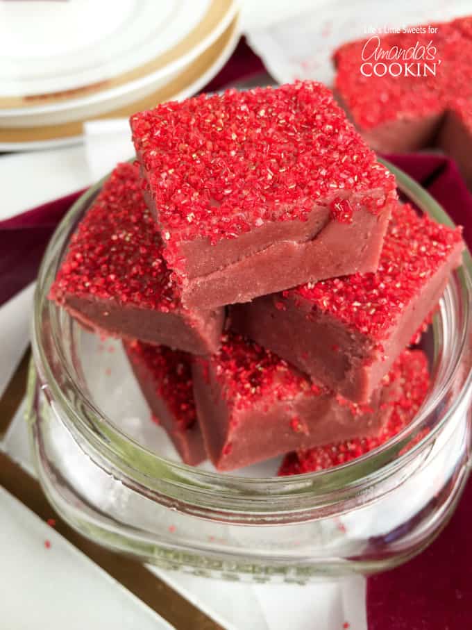 A close up of red velvet squares.