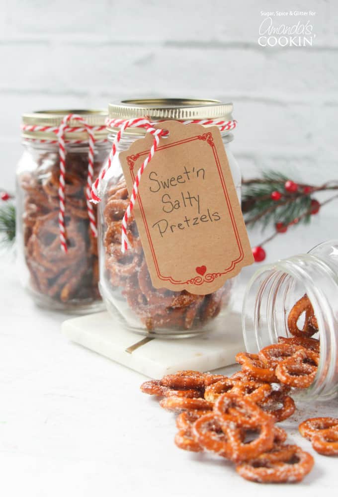 Mason jars filled with sweet and salty pretzels.