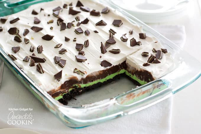 Mint chocolate lasagna in baking dish