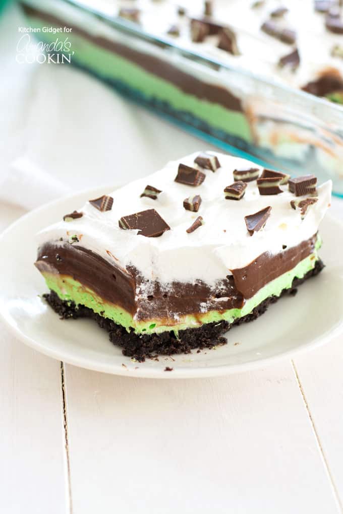 Slice of no bake mint chocolate lasagna