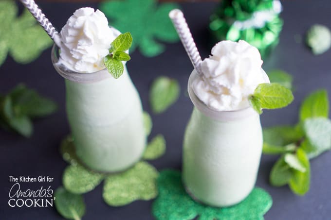 Naturally Green Shamrock Shakes with mint leaf garnish