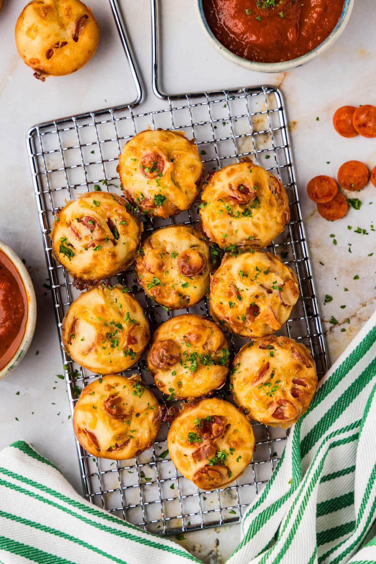 small wire rack of Pepperoni Pizza Puffs