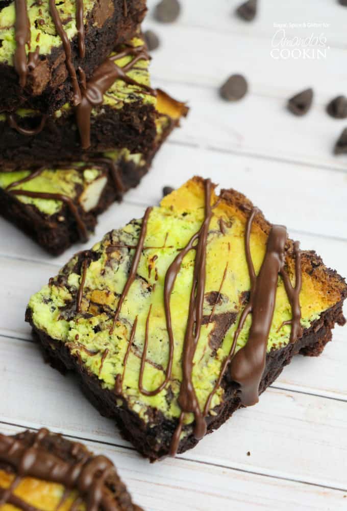A close up of a marbled mint cheesecake brownie.
