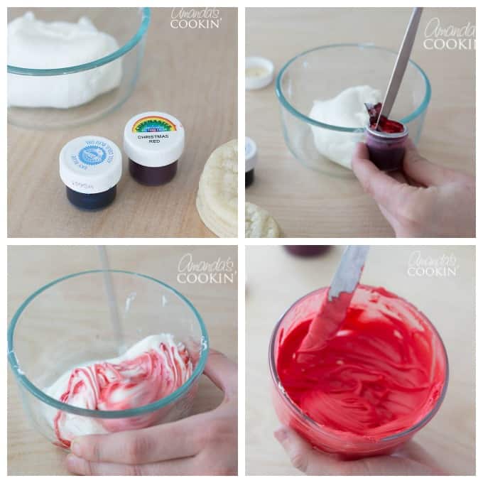 mixing red food coloring into white frosting