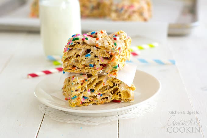 two marshmallow cereal treat bars on plate