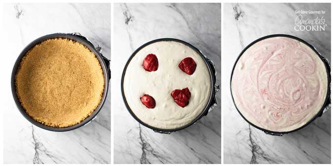 A set of three overhead pictures, one of a pie crust in a cheesecake pan, the other pan filled with filling and strawberry puree on top and finally the third picture with a cheesecake ready for baking with the puree swirled into the filling.