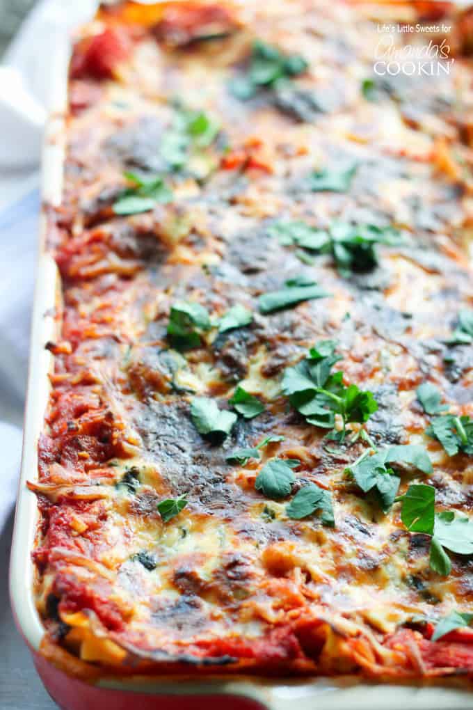 close up of pan of veggie lasagna