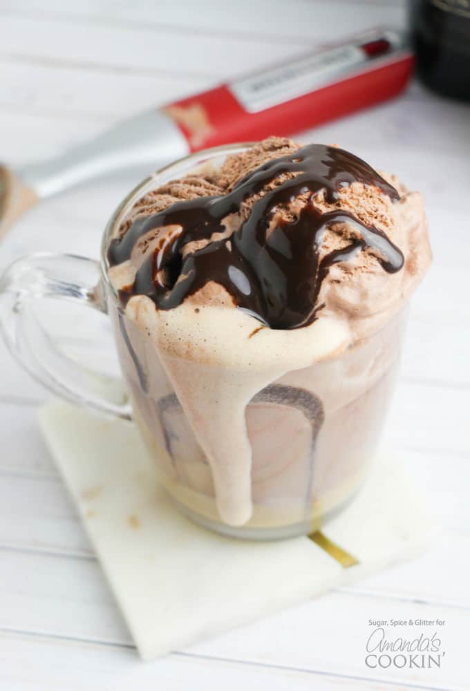 baileys coffee float - chocolate syrup on ice cream