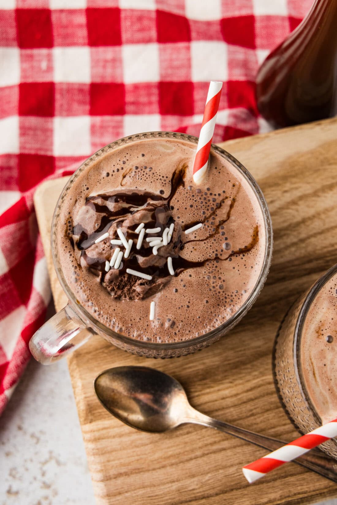 close up of a baileys coffee float chocolate sauce and sprinkles on top