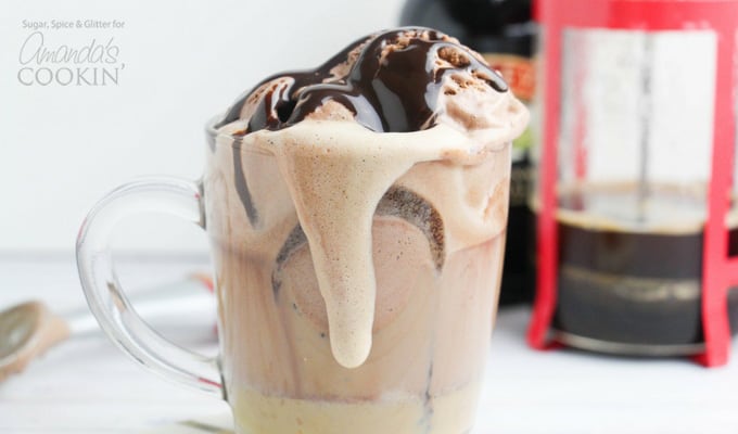 close up of baileys coffee float with ice cream dripping down the side