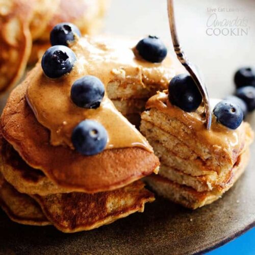 fork with a stack of pancakes