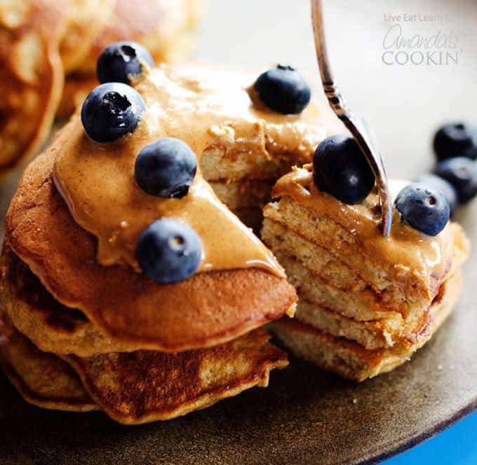 fork with a stack of pancakes