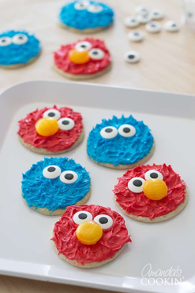 Cookie monster and Elmo cookies on a plate