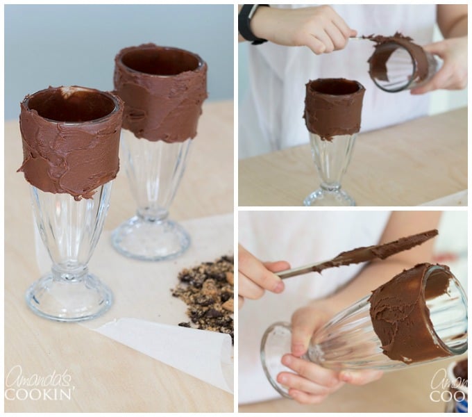 Spread your chocolate frosting onto your Freak Shake creating a base for where your cookie crumbles will stick to.