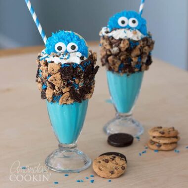 two cookie monster shakes with straws