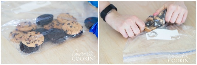 Now, grab 6 of each type of cookie and put them in a large ziploc bag. Crush the cookies by hand, but be careful you don't crunch them up too much otherwise you'll be working with cookie dust!