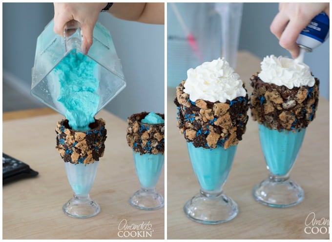 Pour your cookie monster freak shake mixture into your chilled glasses. Add whip cream to the top.