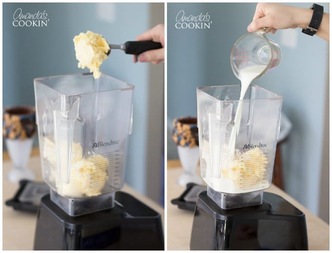 Add your 5 scoops of vanilla ice cream and 1/2 cup milk to a blender.