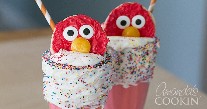 Elmo cookies on top of a milkshake