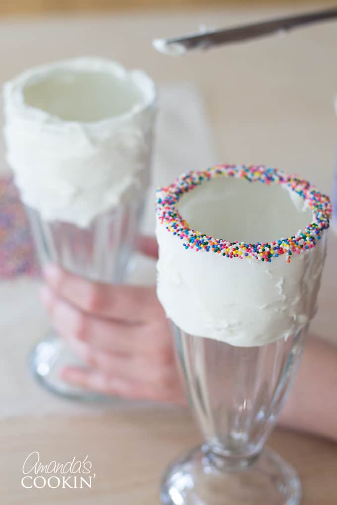 Dip the milkshake glass into the sprinkles- Elmo Freakshakes