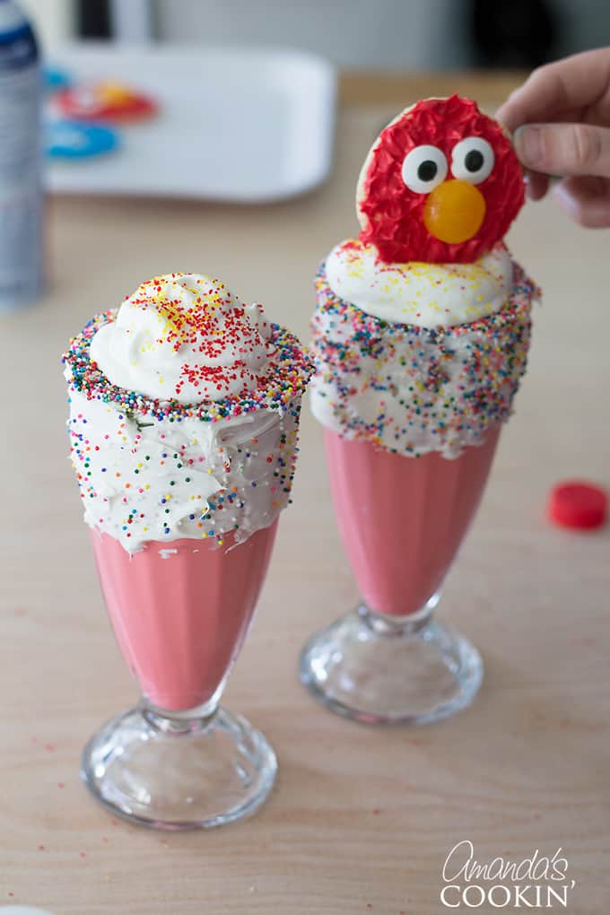 Add your elmo cookies to the milkshake- Elmo Freakshakes