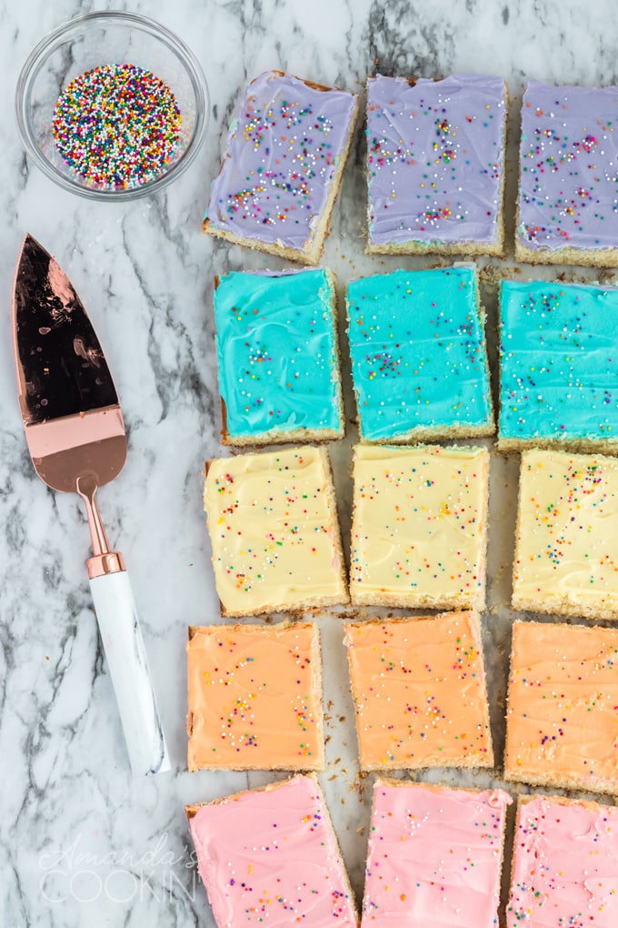 overhead photo of cut frosted sugar cookie bars