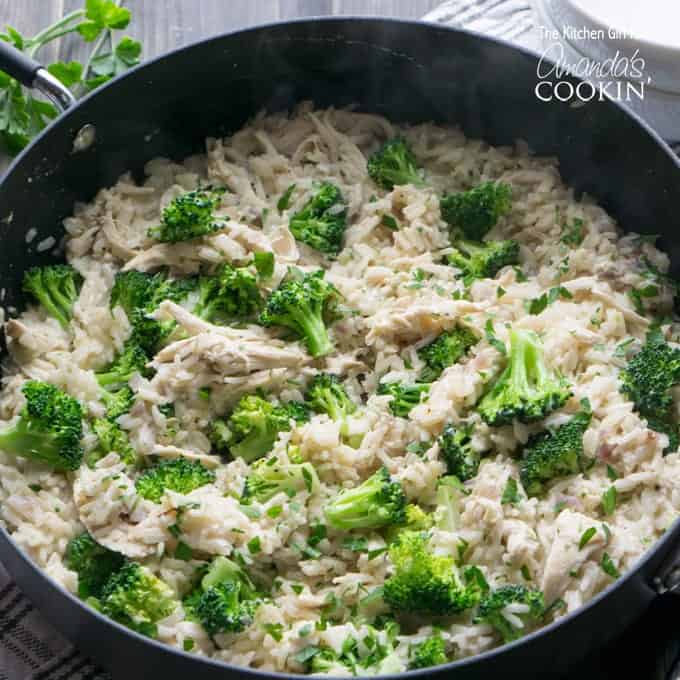 Chicken, Broccoli, and Rice in a skillet