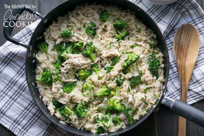 Chicken, broccoli, and rice in a skillet