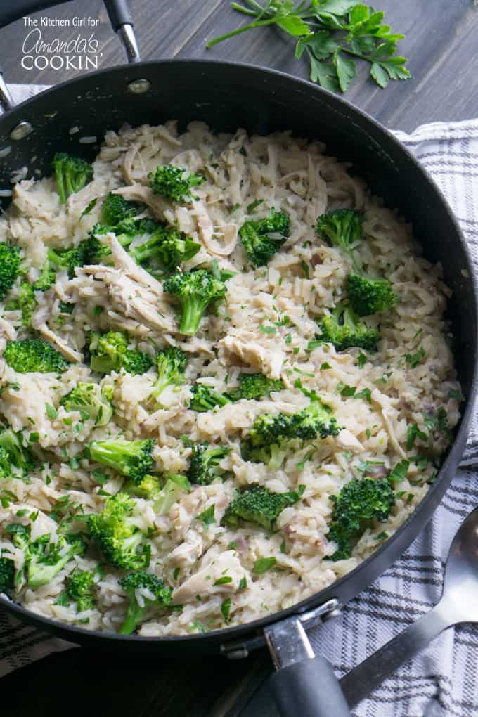 Chicken Broccoli and Rice in a skillet