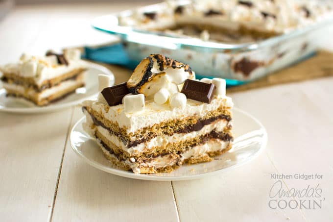 s'mores icebox cake with pan in background