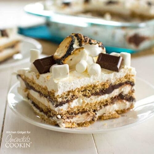 A piece of smores icebox cake on a plate