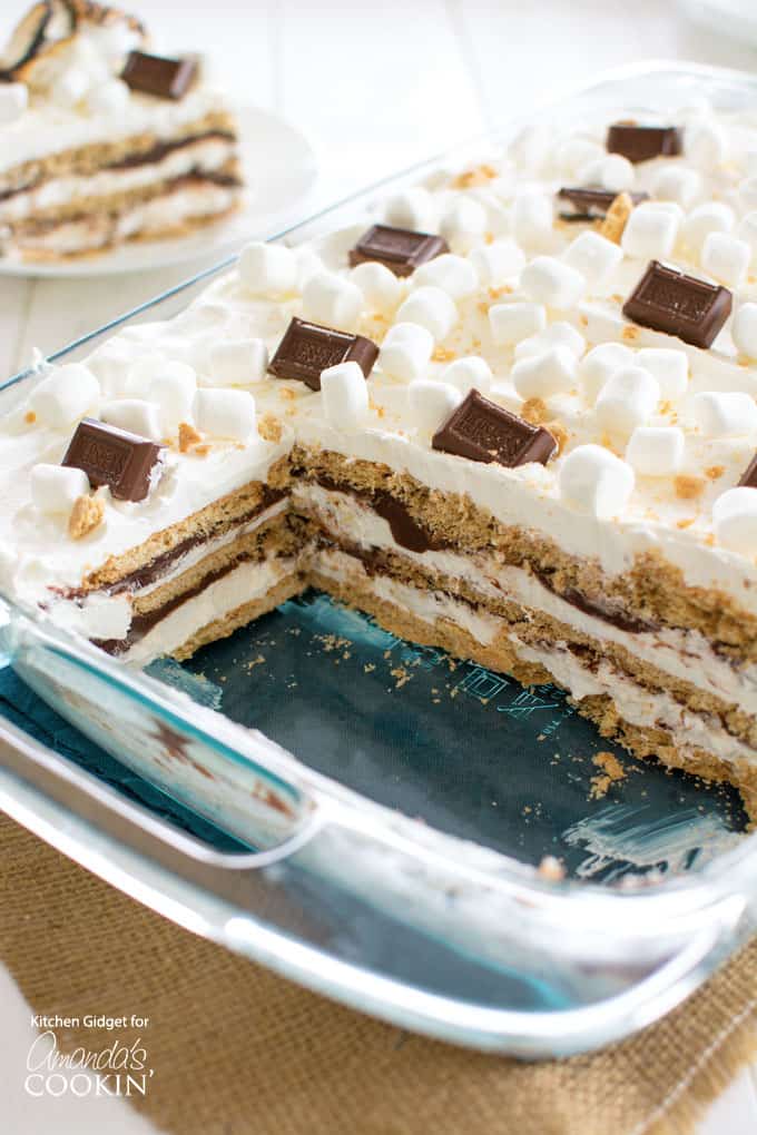 sliced s'mores icebox cake in a pan