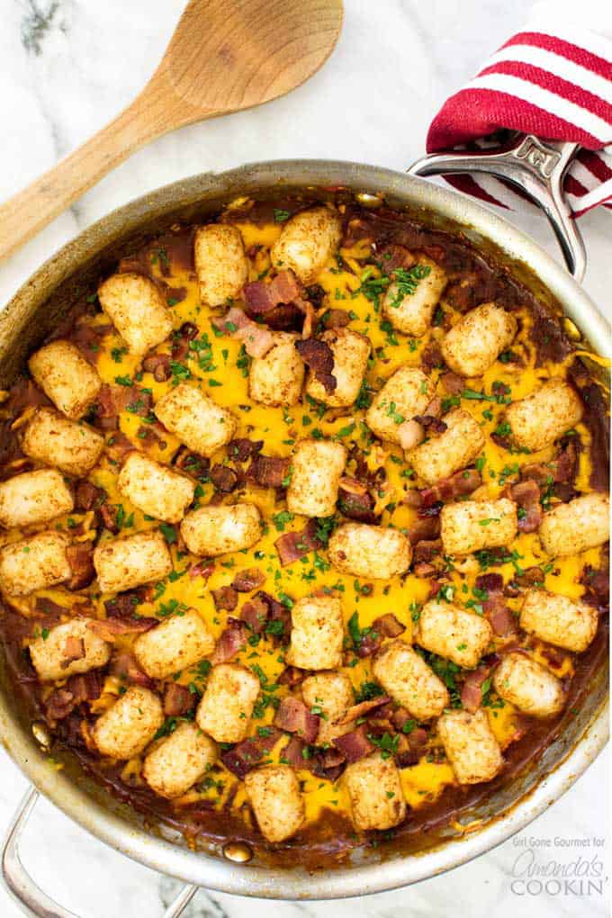 overhead shot of bbq chicken tater tot skillet