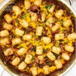 tater tot casserole garnished with bacon