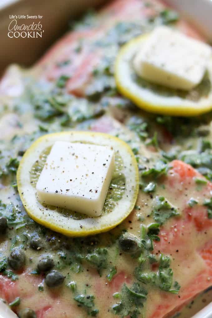 Dijon Lemon Caper Salmon as it's marinating