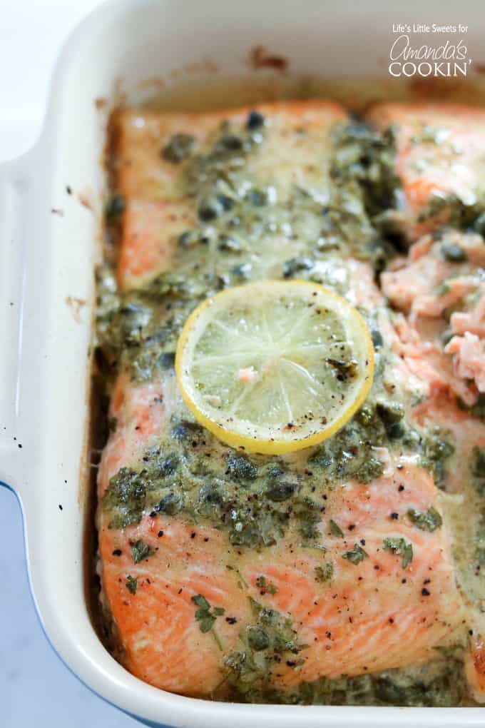 Dijon Lemon Caper Salmon with roasted dill red potatoes and green beans