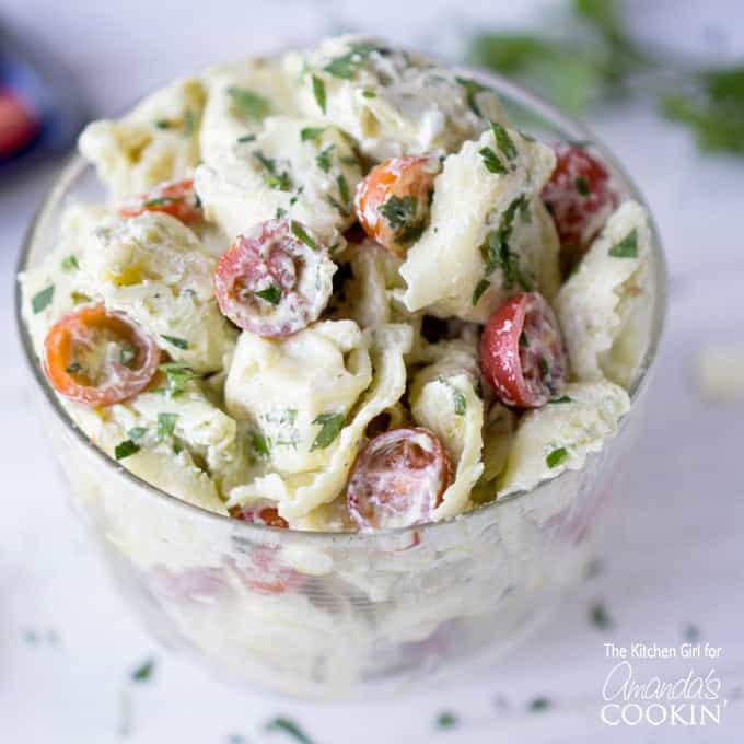 tortellini pasta salad in glass dish