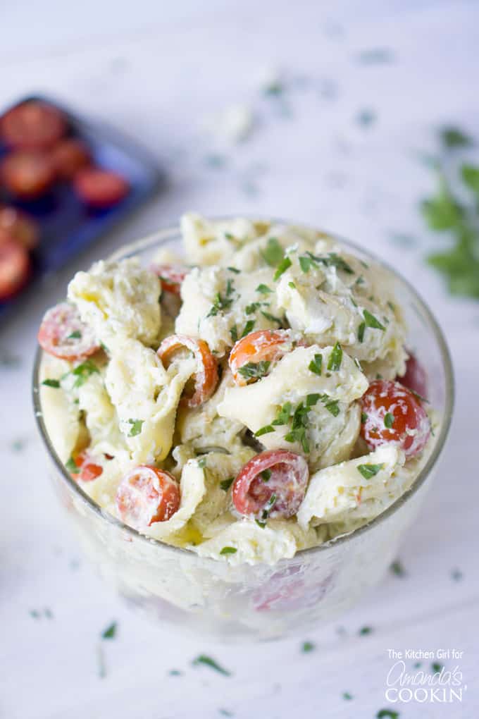 tortellini pasta salad in glass dish