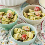 3 bowls of Tortellini Pesto Pasta Salad