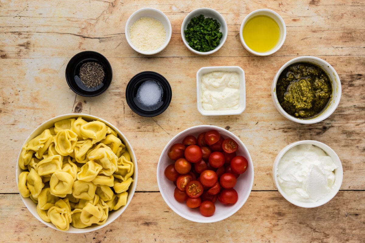 ingredients for Tortellini Pesto Pasta Salad