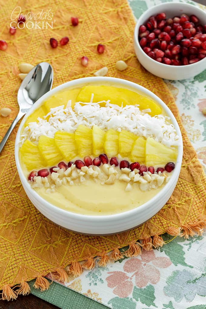 smoothie bowl on orange cloth