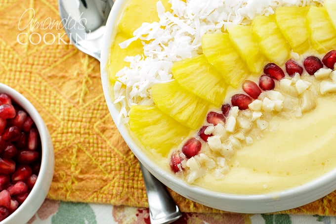 Tropical Smoothie Bowl with mango, pineapple, coconut and more!